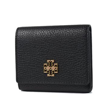 TORY BURCH BRITTEN 縷空LOGO荔枝紋釦式三折短夾-黑色