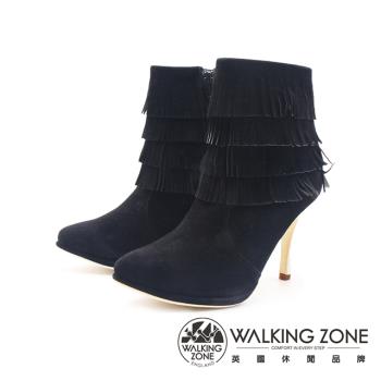 WALKING ZONE 女 辣妹嫩模蛋糕流蘇細高跟短靴 女靴-黑