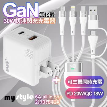 HANG 30W雙孔 第三代氮化鎵GaN快速充電器+MyStyle 二出三 6用型快充線-白