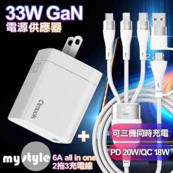 amuok GaN氮化鎵33W 雙孔急速充電器+MyStyle 二出三 6用型快充線-白