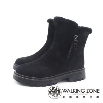 WALKING ZONE 女 質感麂皮毛絨中筒厚底短靴 女靴-黑
