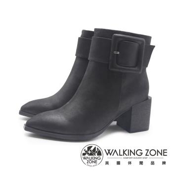 WALKING ZONE(女)牛皮尖頭粗底高跟短靴 女靴-黑