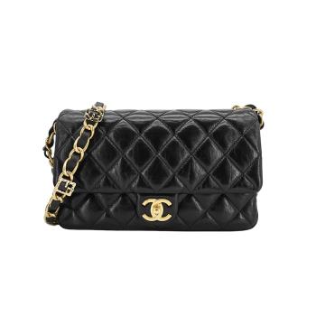 Chanel 亮面牛皮造型金粗鍊斜背包(AS5010-黑)