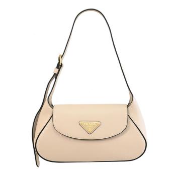 PRADA 1BD358 經典LOGO小牛皮翻蓋手提肩背包.象牙白