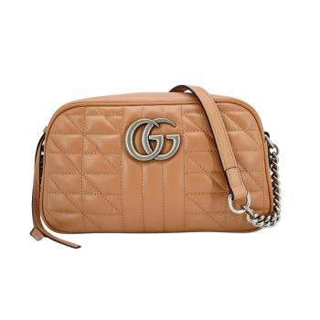 二手品 Gucci GG Marmont 绗縫銀鏈小號斜背包-24cm(447632-奶茶色)