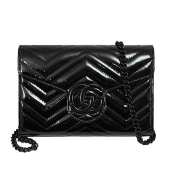 GUCCI 474575 GG Marmont 經典車線漆皮WOC翻蓋斜背鍊包.黑