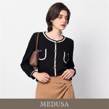 現貨【MEDUSA 曼度莎】針織滾邊方格紋理小香風上衣（M-XL）｜女長袖上衣 女上班上衣