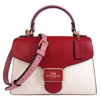 COACH 方型LOGO荔枝紋皮革掀蓋兩用包(紅白撞色)