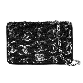 Chanel 展示品 亮片雙C銀釦斜背包WOC(AP3506-黑)