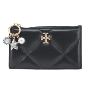 TORY BURCH KIRA 鑽石絎縫吊墜拉鍊卡片零錢包-黑