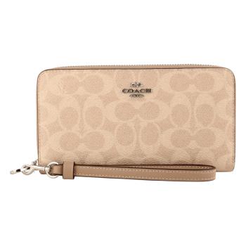 COACH-金馬車防刮LOGO皮革掛帶拉鍊長夾 卡其x淺褐