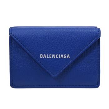 BALENCIAGA 巴黎世家 391446 經典燙銀LOGO牛皮三折小短夾.藍