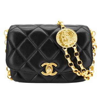 Chanel 展示品 Coco 菱格羊皮大金幣斜背包-17cm(AS2189-黑)