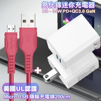 CITY 35W Gan氮化鎵Type-C(PD)+USB快充白+MyStyle 國際UL認證線Micro USB 傳輸充電線-桃200cm