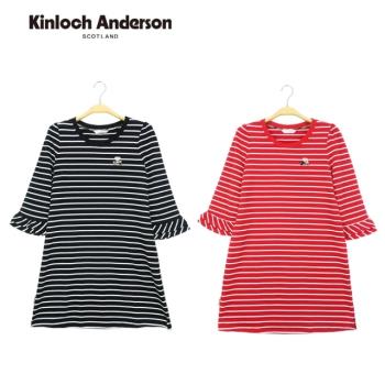 Kinloch Anderson 金安德森女裝 圖領橫條紋五分荷葉袖長版上衣T恤(黑/紅)