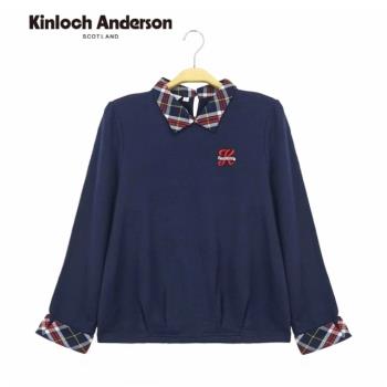 Kinloch Anderson 金安德森女裝 刺繡印花撞色格紋拼接假兩件下抓皺縮口長袖上衣T恤(KA0863017藏青)