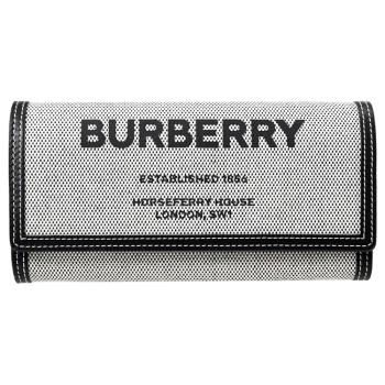 BURBERRY 8044349 HALTON 帆布皮革翻蓋釦式發財長夾.黑/咖