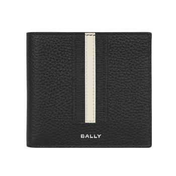 BALLY Ribbon 黑白條紋牛皮對開8卡短夾(黑色)