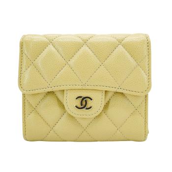 Chanel 粒紋牛皮淡金釦三折短夾(AP0231-芥末黃)