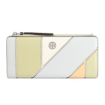TORY BURCH 154913 撞色幾何拼接款對開零錢長夾.淺灰/綠