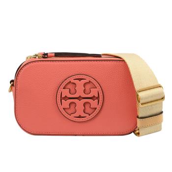 TORY BURCH 158488 經典LOGO荔枝皮革雙層斜背相機包.珊瑚粉