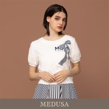 現貨【MEDUSA 曼度莎】條紋蝴蝶結印花泡泡袖上衣（M-XL）｜女上衣 女休閒上衣