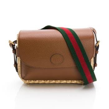 GUCCI Marmont 系列皮革拼接柳條編織肩背包/斜背包(棕色皮革)