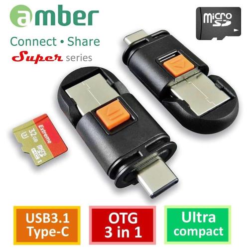 amber micro SD記憶卡 / USB 3.1 A公 / Type-C公三合一OTG 雙面接頭讀卡機