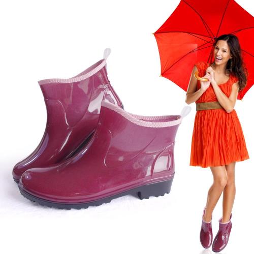  台製一體成型時尚短筒雨靴雨鞋(深紫)