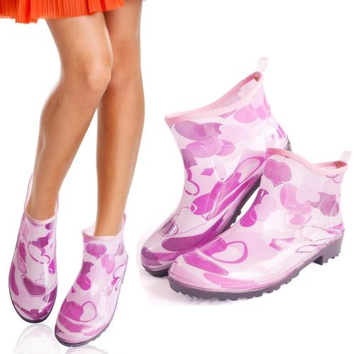  台製一體成型時尚短筒雨靴雨鞋(紫心)
