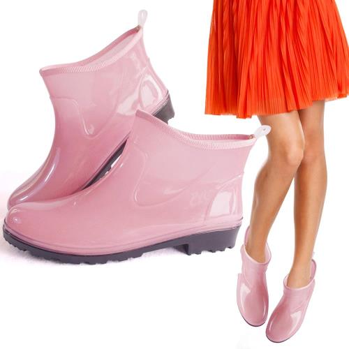  台製一體成型時尚短筒雨靴雨鞋(粉紅)