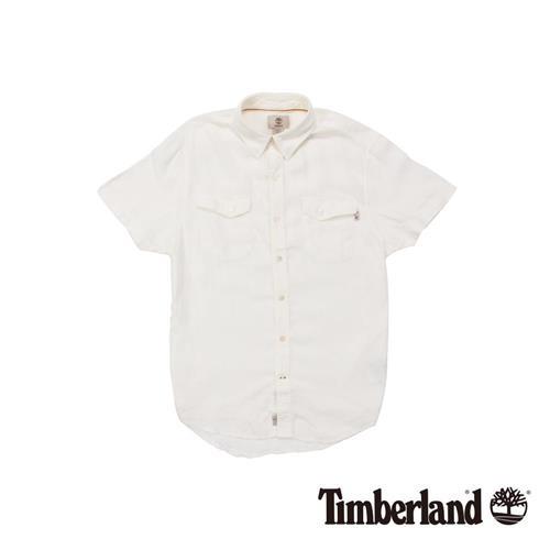 Timberland 男款白色亞麻修身短袖襯衫