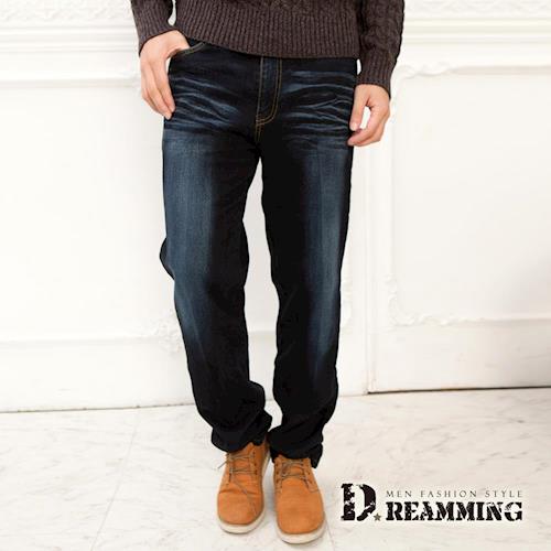 【Dreamming】口袋繡線刷白伸縮中直筒牛仔褲(深藍)