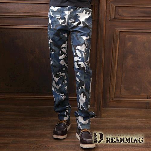 【Dreamming】韓系工裝迷彩彈力修身休閒工作長褲(藍灰)