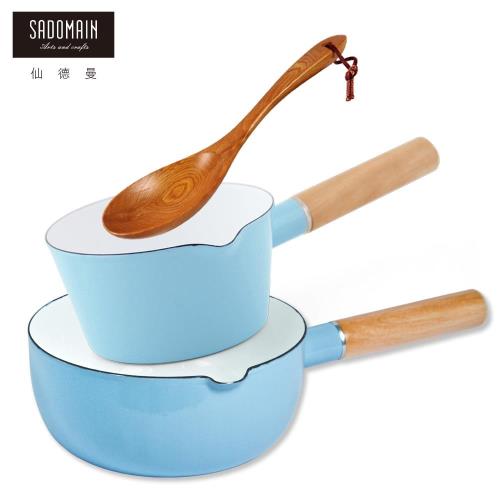 仙德曼 SADOMAIN  琺瑯牛奶鍋+琺瑯雪平鍋＋原木手工菜匙 三件組