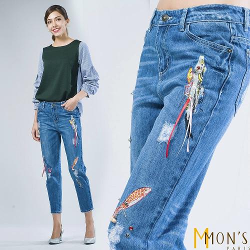 MONS 設計款刺繡珠飾顯瘦牛仔褲