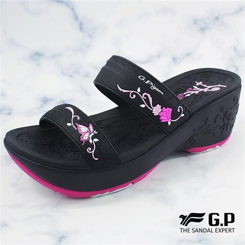 G.P 女款厚底雕花雙帶拖鞋G8531W-黑桃色(SIZE:35-39 共二色)