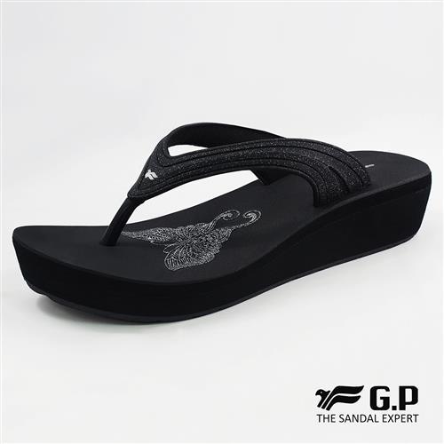 G.P 女款亮蔥厚底夾腳拖鞋G8523W-黑色(SIZE:35-39 共四色)