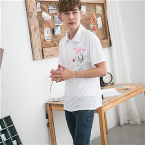 Jimmy Wang  男生中國風錦鯉白色POLO衫