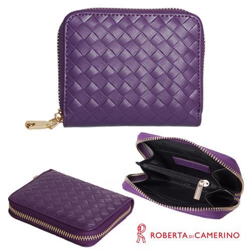 【ROBERTA 諾貝達】義大利牛皮-零錢/卡片包-附拉鍊內袋-編織紋-紫色
