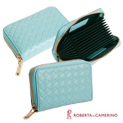 【ROBERTA 諾貝達】義大利牛皮-拉鍊式-多層卡片包-編織紋-藍色