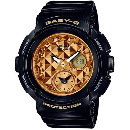 CASIO BABY-G BGA-195街頭時尚立體鉚釘設計雙顯腕錶-黑X金(BGA-195M-1A)