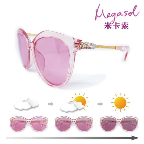 【米卡索】寶麗萊UV400時尚女款透粉圓框水鑽偏光太陽眼鏡變色墨鏡(感光智能變色粉片全天候適用-BSPK405)
