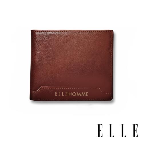 【ELLE HOMME】壓紋Logo系列-3卡上翻窗格真皮皮夾/短夾/零錢袋- 紳士棕EL207047