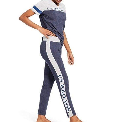 US Polo 女時尚標誌深藍灰運動型V領短袖長褲睡衣套組  