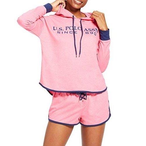 US Polo 女時尚粉紅色連帽運動衫短褲睡衣套組  