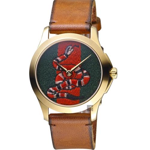 GUCCI古馳珊瑚蛇刺繡手錶-咖啡色錶帶/38mmYA1264012