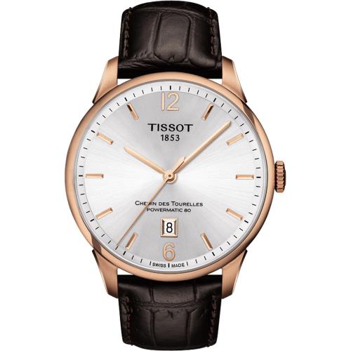 TISSOT杜魯爾系列機械動力80腕錶-銀x玫瑰金框/42mmT0994073603700