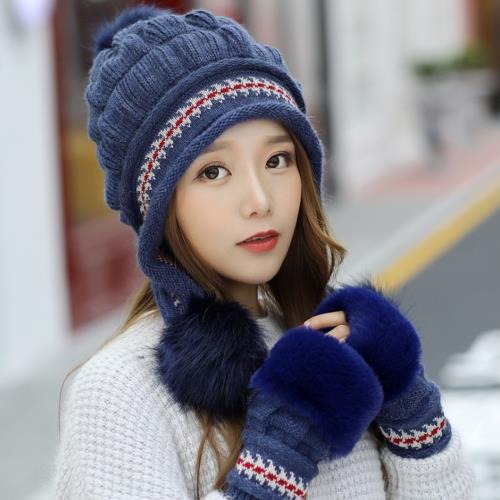 Acorn*橡果-韓系針織保暖護耳毛帽+手套1809(兩件組-藍色)