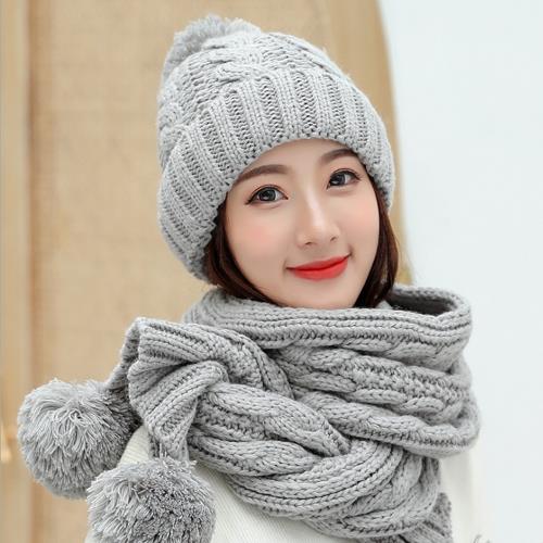 Acorn*橡果-韓系針織保暖加絨毛帽+圍巾1803(兩件組-灰色)